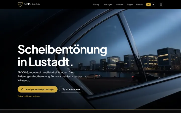 Startseite von gmk-autofolie.de: Scheibentönung, Knopf für Termin per WhatsApp und Telefonnummer