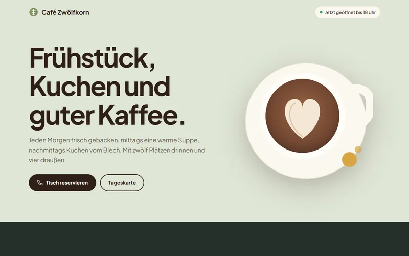 Startseite der Musterseite Café Zwölfkorn, ein fiktiver Café